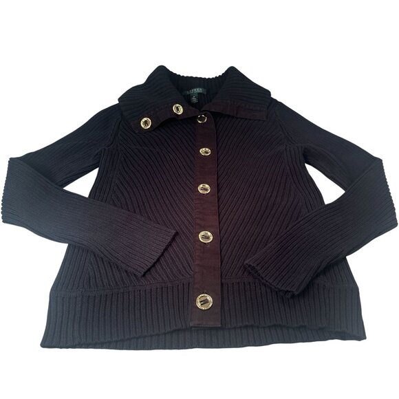 Lauren Ralph Lauren Cardigan Women Shawl Sweater Cotton Gold Button Front Jacket - Picture 1 of 16